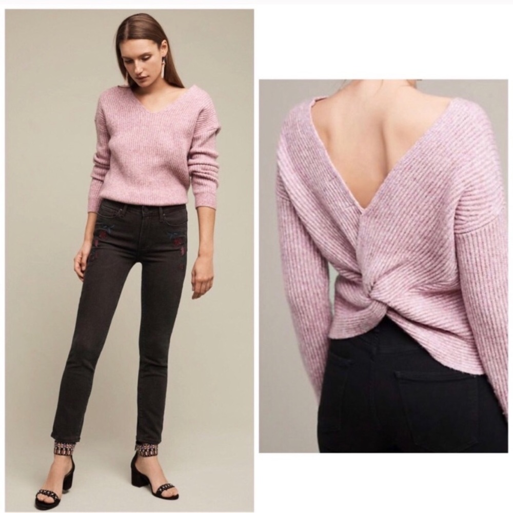 Anthropologie Angel of the North Pink Wool Blend Twist Back Ribbed Sweater